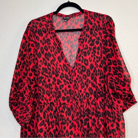 Torrid Red Cheetah Animal Print Button Up Tunic Shirt Semi-Sheer Plus Size 3X - Picture 2 of 13